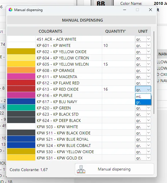 Erogazione manuale dei coloranti con calcolo del costo