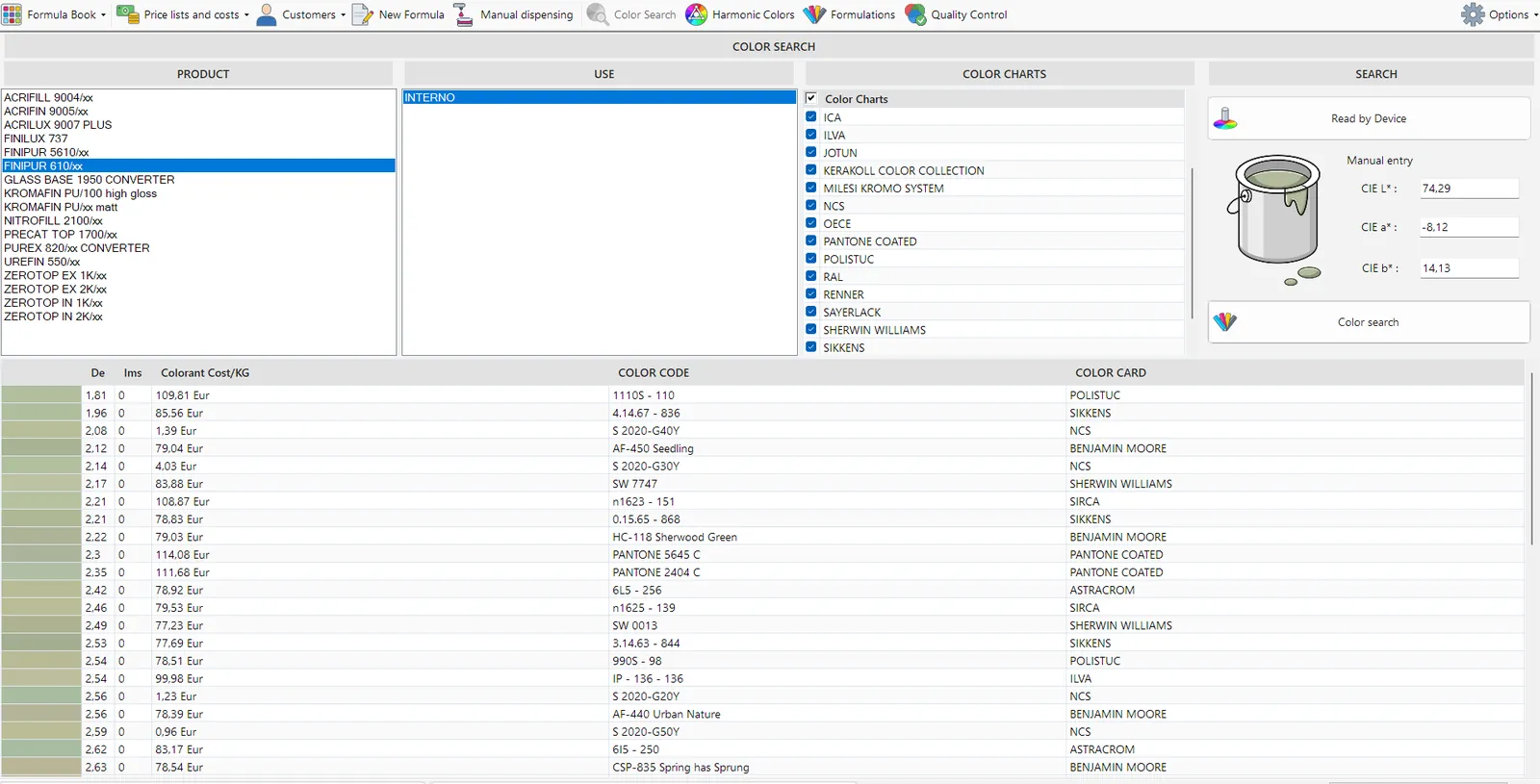 Colour search from CIE Lab values or instrument reading in GFCTinter